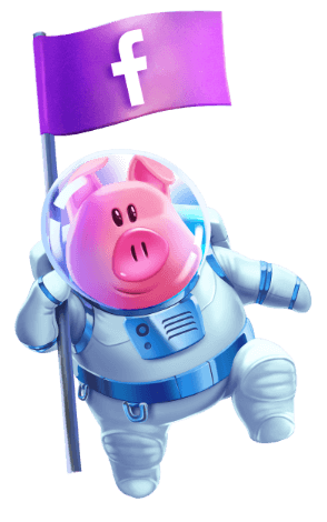 A pig in a space suit holding a purple Facebook flag